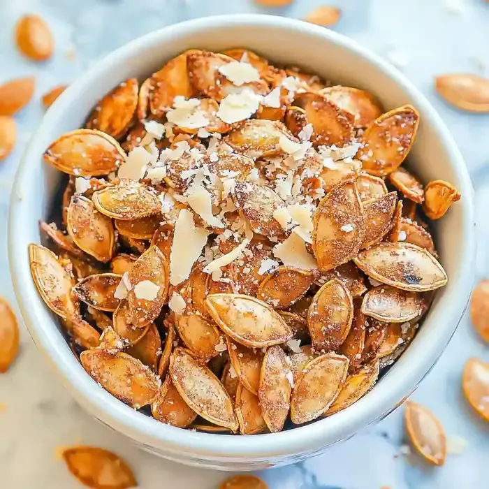Bowl of golden-brown roasted pumpkin seeds with grated cheese on marble.