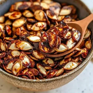 Bowl of honey Sriracha roasted pumpkin seeds on a marble surface.