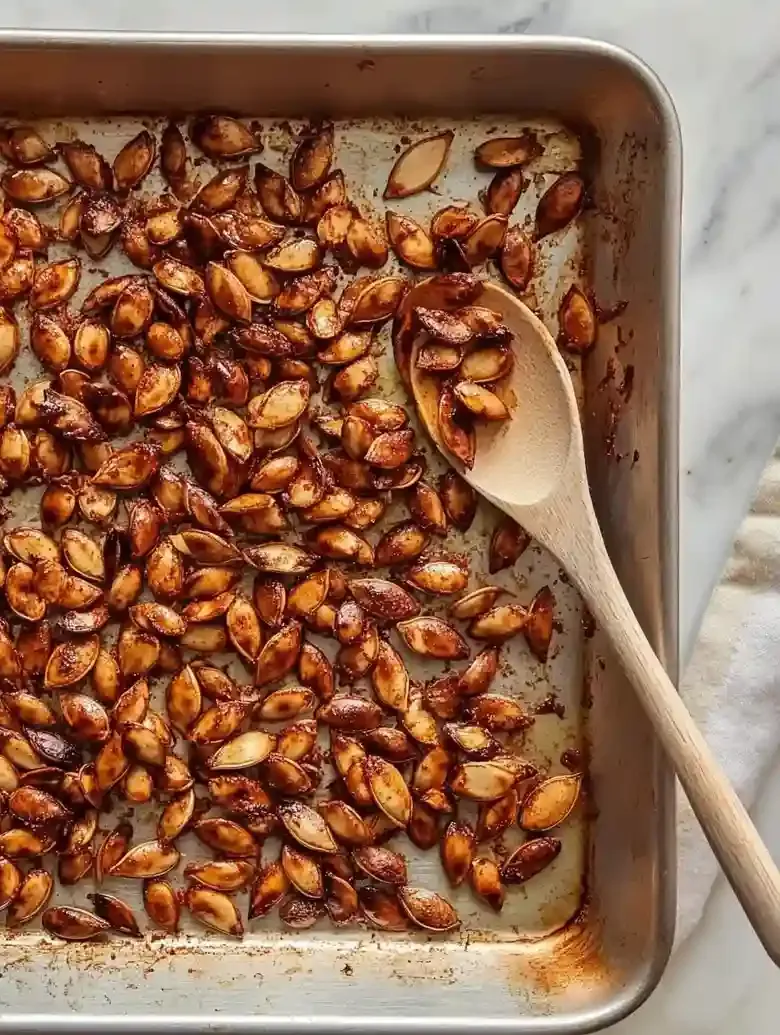 Stainless steel baking sheet with roasted pumpkin seeds and wooden spoon.