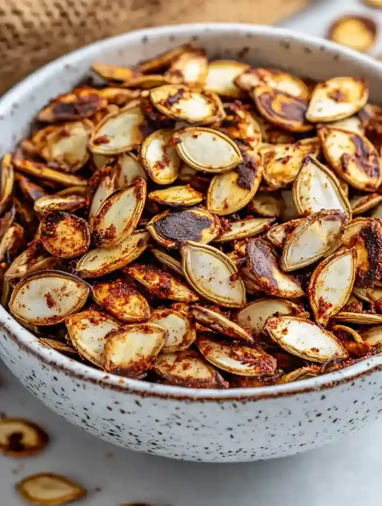 Closeup of a white bowl filled with crispy roasted pumpkin seeds.