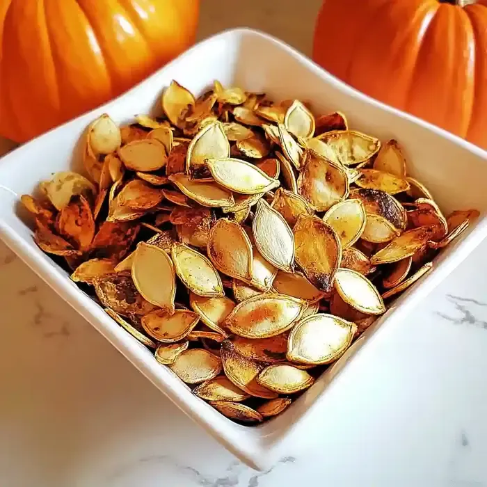 White dish with golden-brown roasted pumpkin seeds on a marble surface.