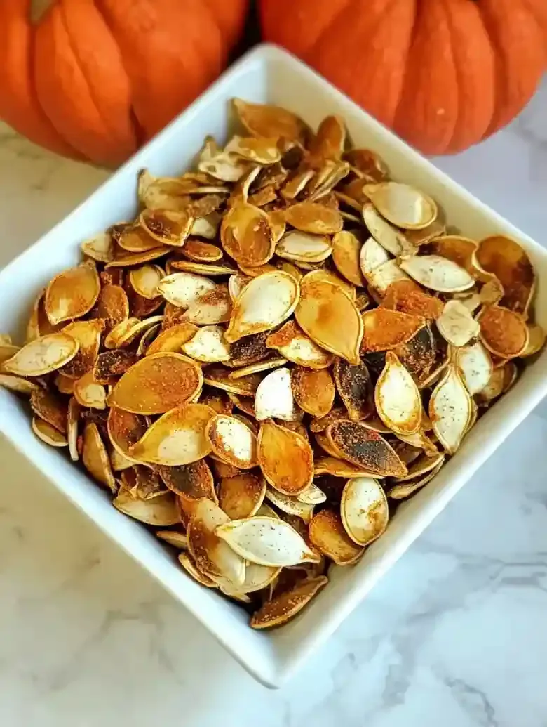 White dish filled with golden-brown roasted pumpkin seeds on marble surface.