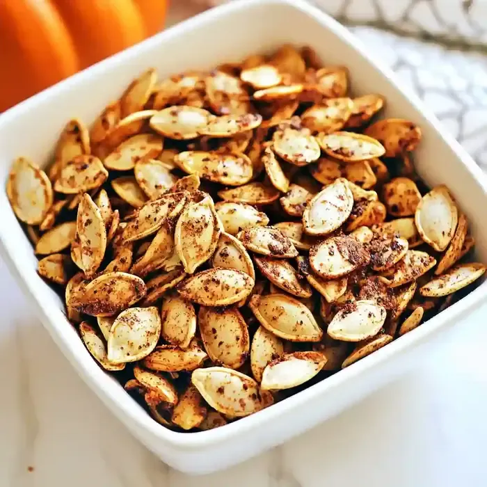 White bowl filled with spiced roasted pumpkin seeds on marble surface.