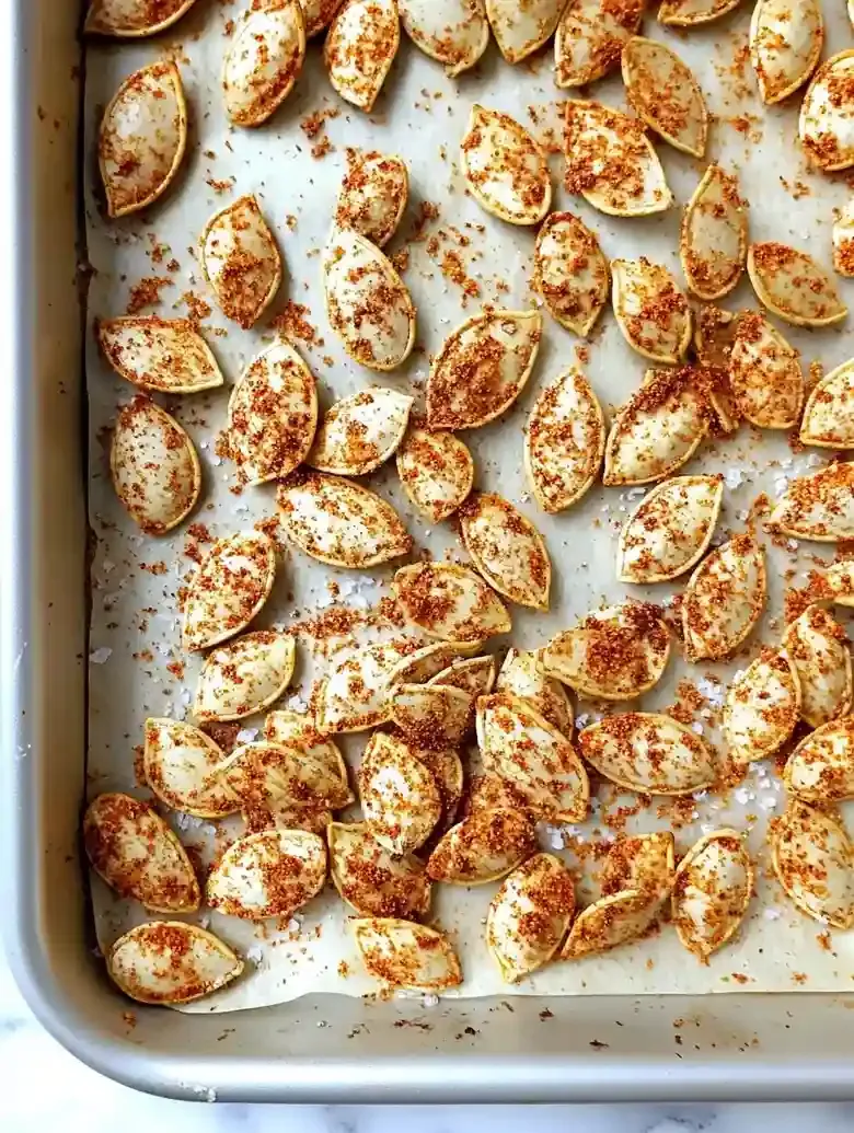 Baking sheet with seasoned smoked paprika pumpkin seeds on marble surface.