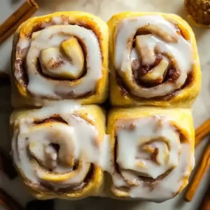 Apple cinnamon rolls with icing and cinnamon sticks on marble surface.