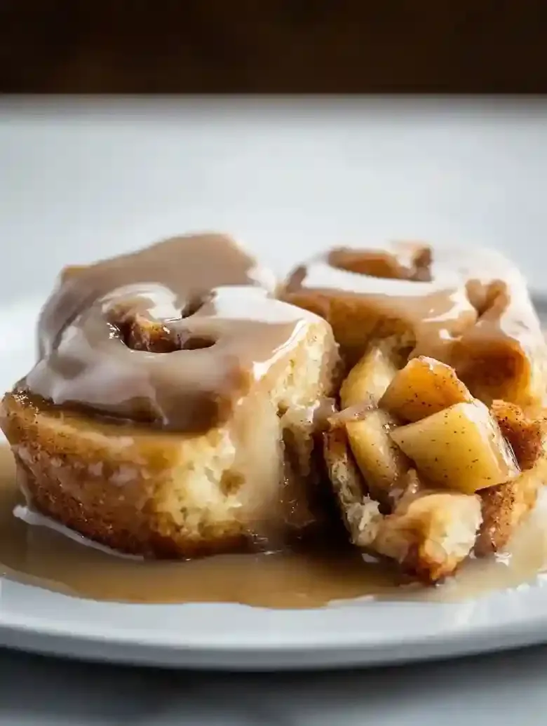 Apple cinnamon rolls with brown butter maple icing on marble surface.