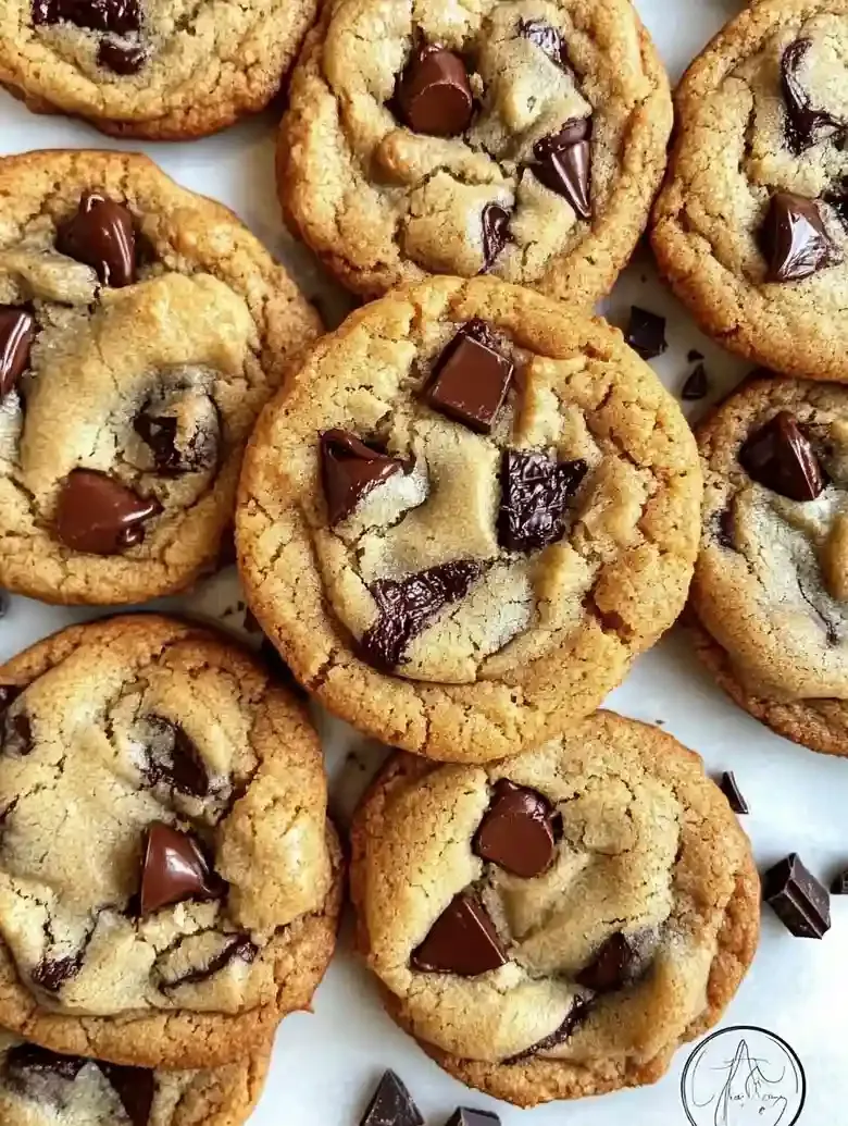 Assorted golden-brown chocolate chip cookies on a marble surface.
