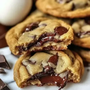 Brown butter chocolate chip cookies with melted chocolate on marble surface.
