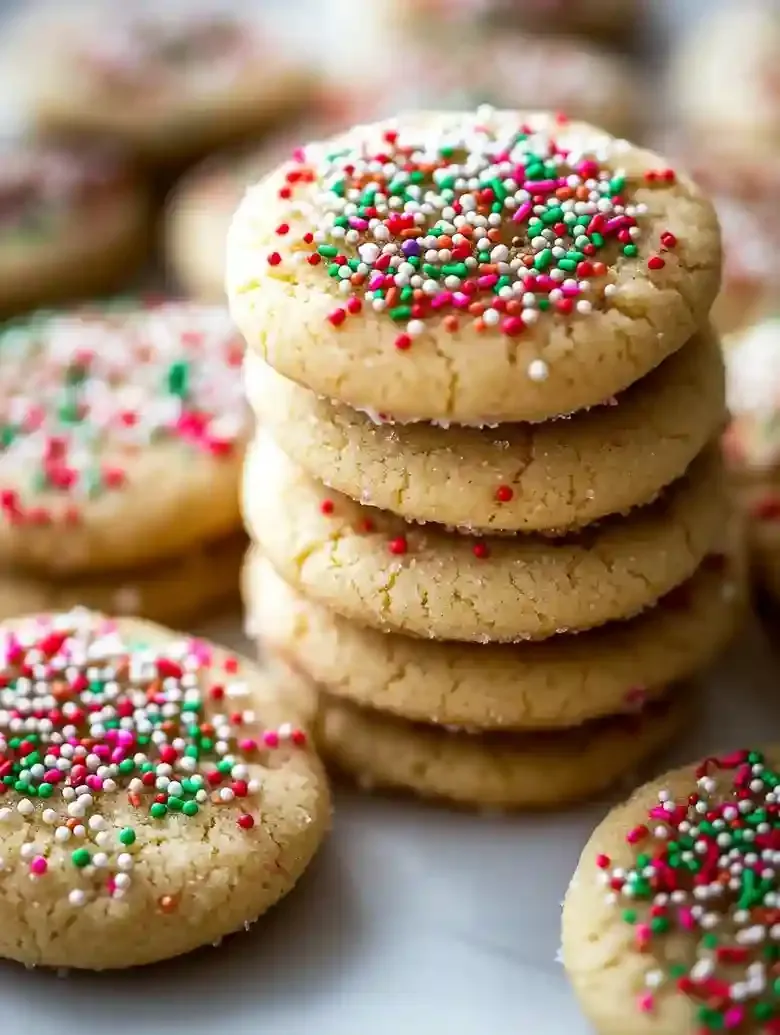 Brown sugar cookies with colorful sprinkles on a white marble surface.