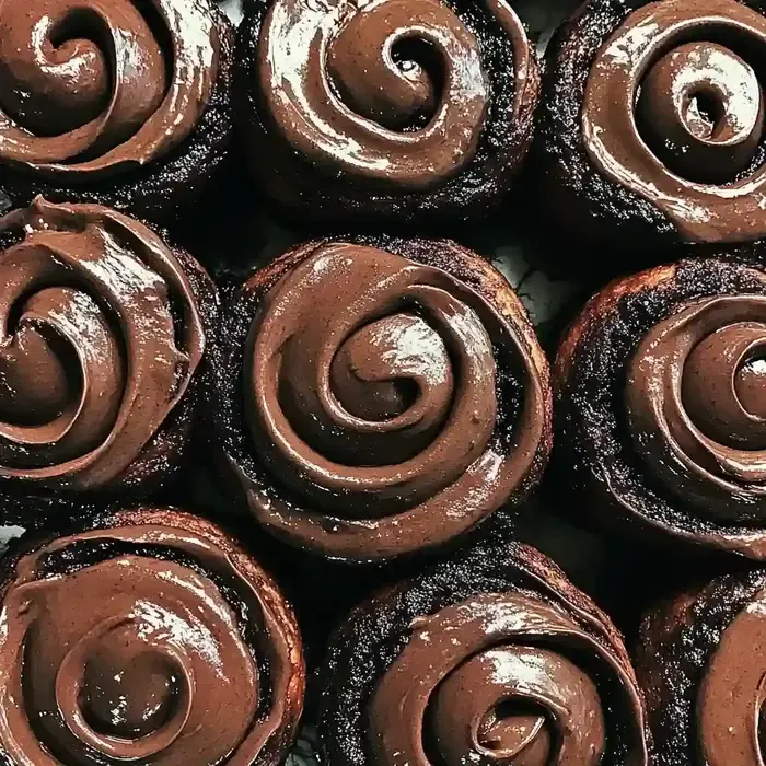 Cinnamon rolls with chocolate frosting arranged on marble surface.