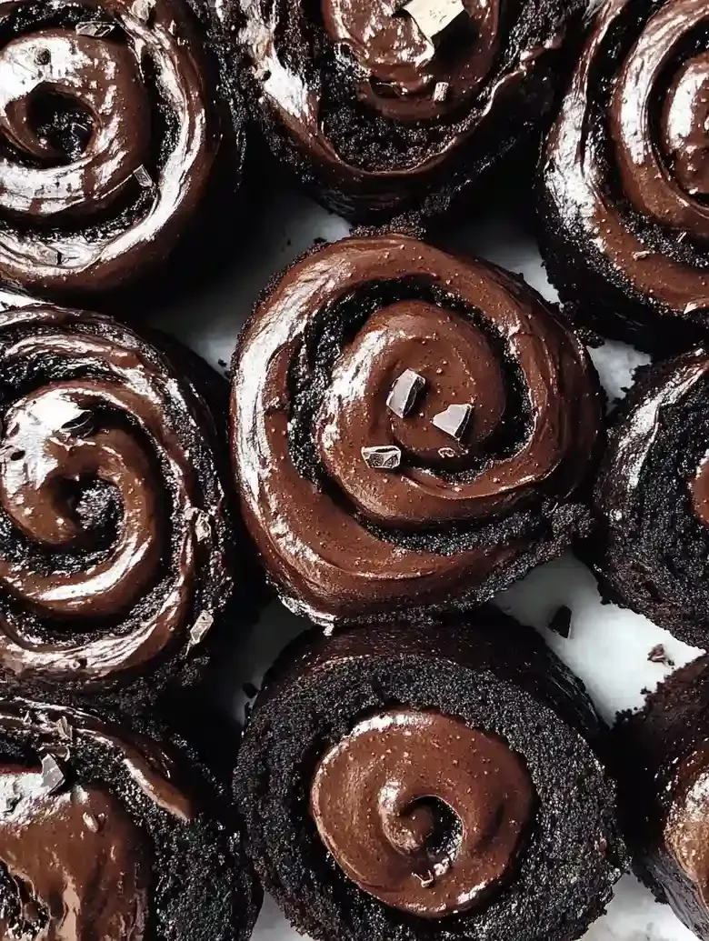 Freshly baked chocolate rolls with glossy frosting and chocolate shavings.