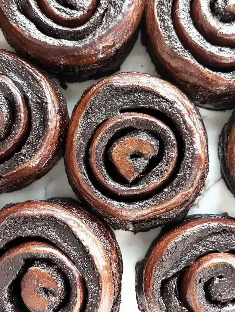 Freshly baked chocolate cinnamon rolls with glossy surfaces on marble.
