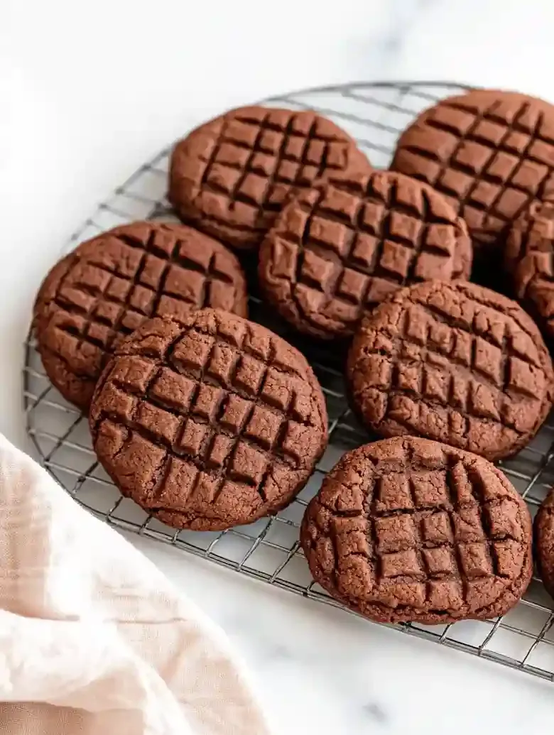 Chocolate peanut butter cookies on a marble surface with a rustic pattern.