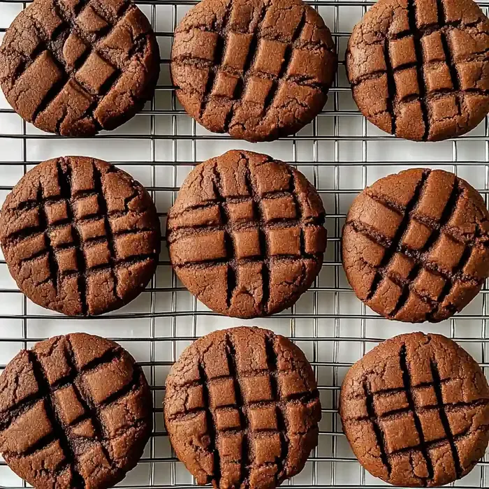 Cooling rack filled with uniform chocolate cookies with crisscross patterns.
