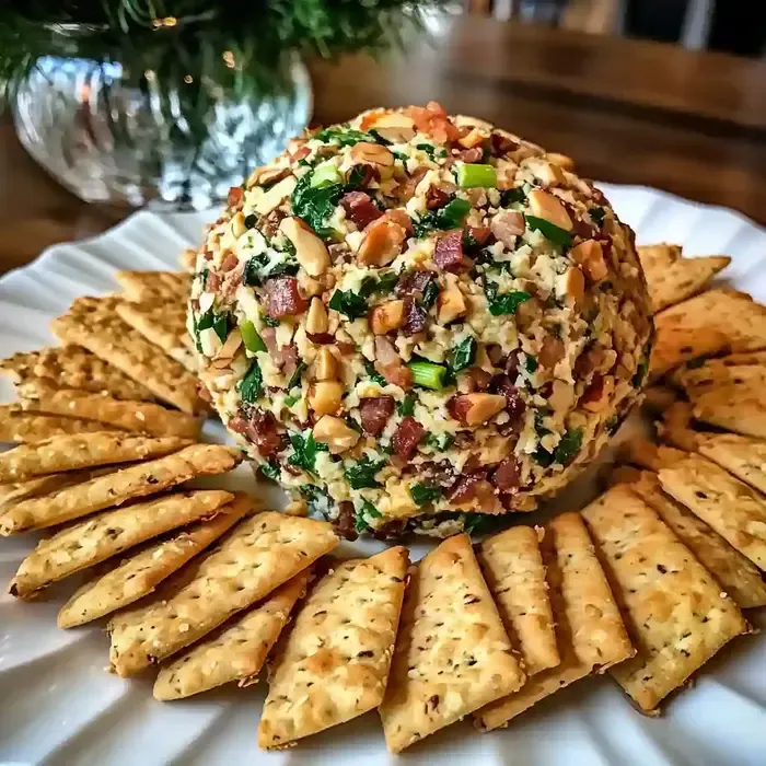 Cheese ball coated in bacon, pecans, and herbs, surrounded by crackers.