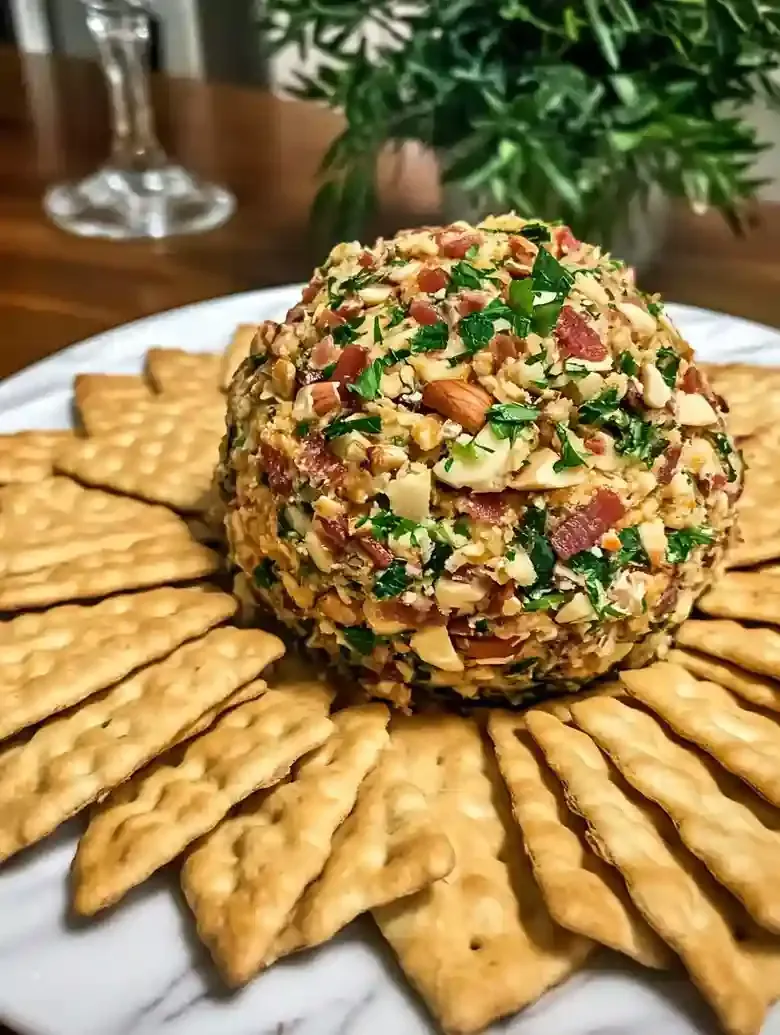 Cheese ball coated with bacon, pecans, and parsley on marble surface.