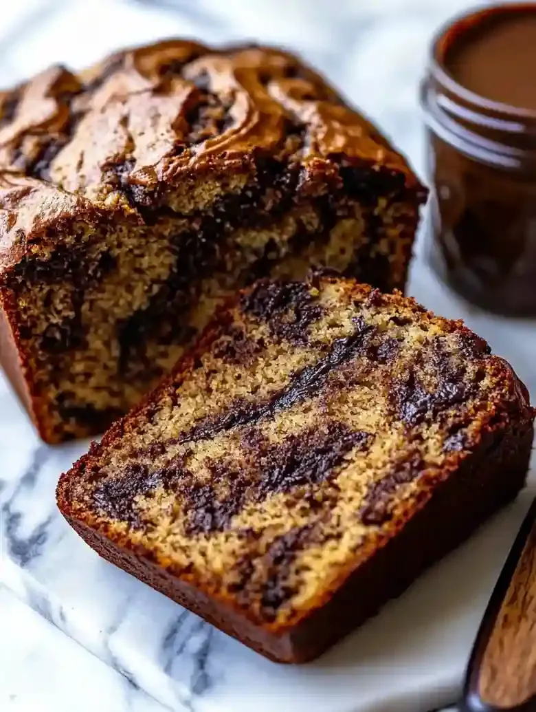 Loaf of banana bread with chocolate-hazelnut swirls on marble surface.