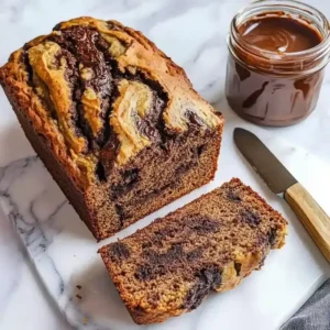 Nutella swirl banana bread on marble surface, slices revealing dark swirls.