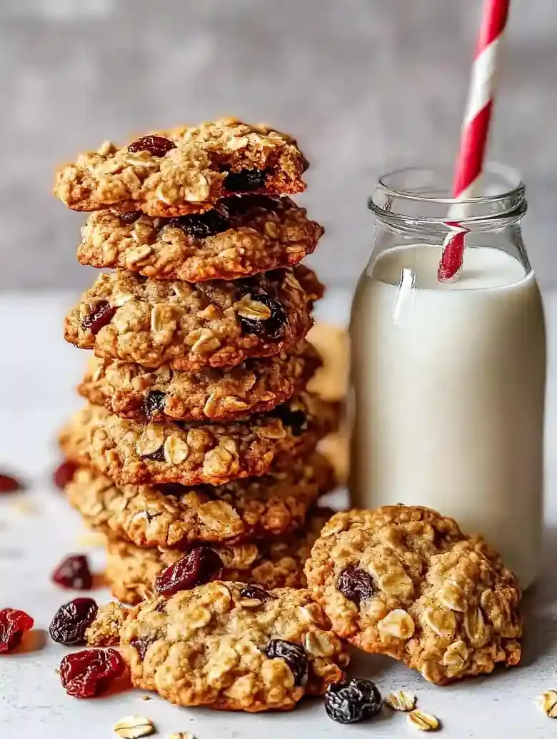 Stack of oatmeal raisin cookies and milk bottle with striped straw.
