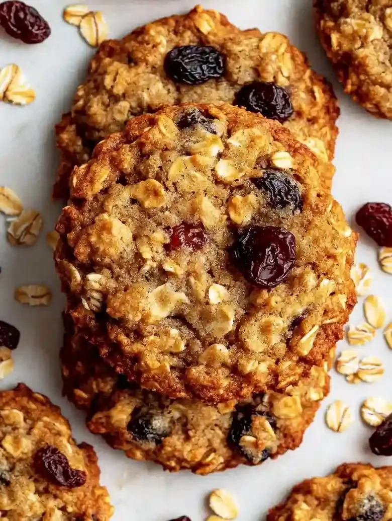 Golden brown oatmeal raisin cookies with oats and plump raisins on marble.