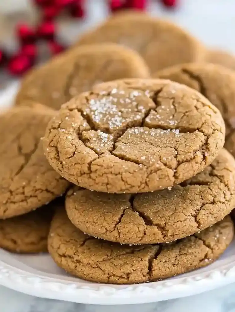 Stack of golden-brown gingerbread cookies on white porcelain plate.