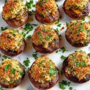 Cheesy stuffed mushrooms with golden tops on a white marble surface.