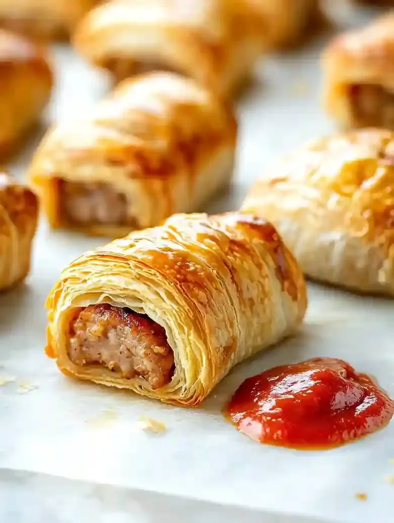 Turkey sausage roll on marble surface with sauce dollop beside it.