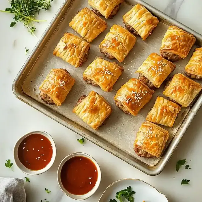 Baking tray with golden sausage rolls, sesame seeds, and dipping sauces.