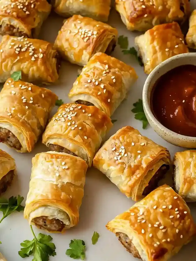 Golden brown turkey sausage rolls with sesame seeds and dipping sauce.