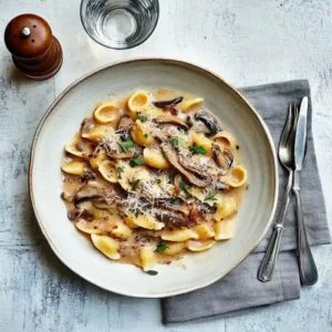 Homemade orecchiette with mushroom sauce