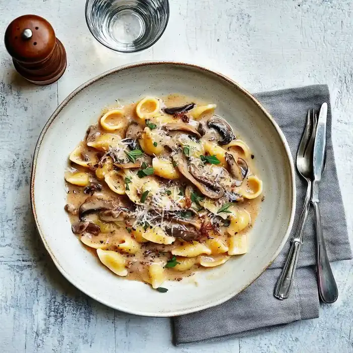 Homemade orecchiette with mushroom sauce