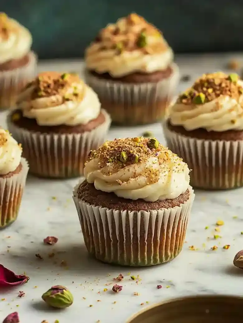 Pistachio Cupcakes with Saffron Frosting