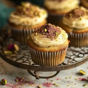 Pistachio Cupcakes with Saffron Frosting