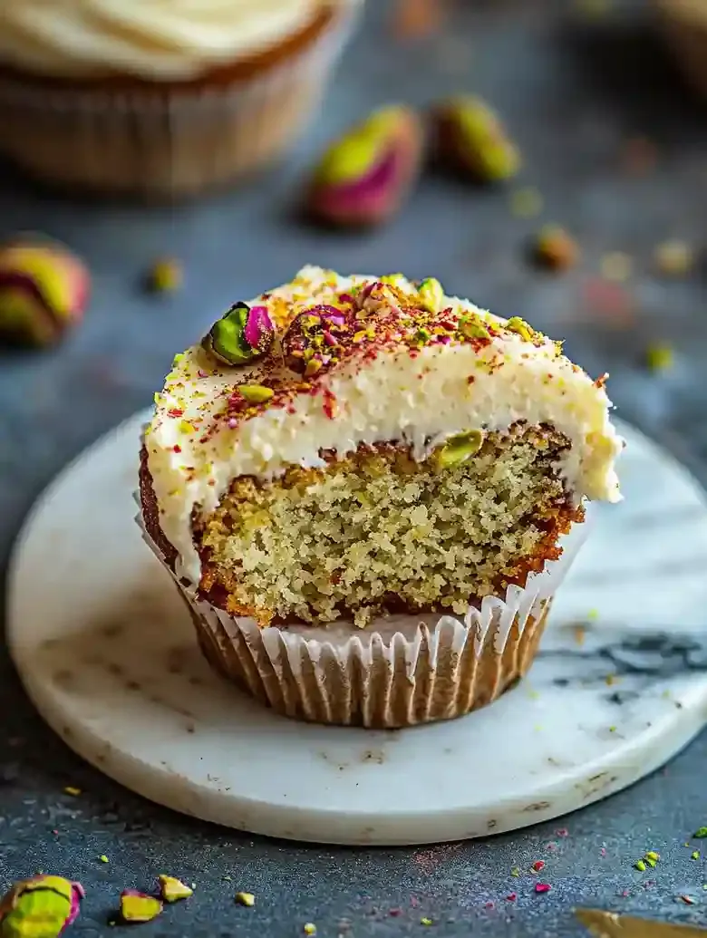 Pistachio Cupcakes with Saffron Frosting