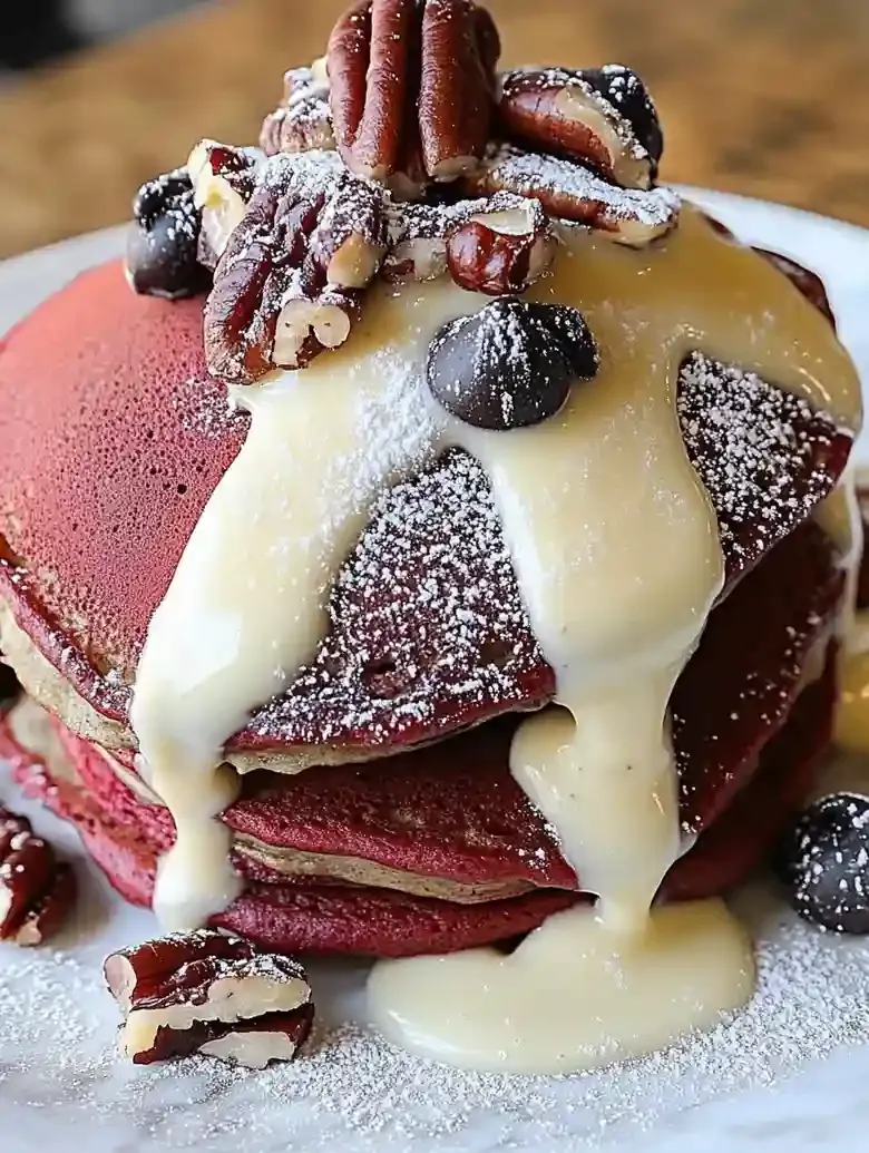 Red Velvet Pancakes with Cream Cheese Glaze