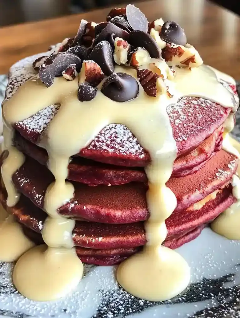 Red Velvet Pancakes with Cream Cheese Glaze