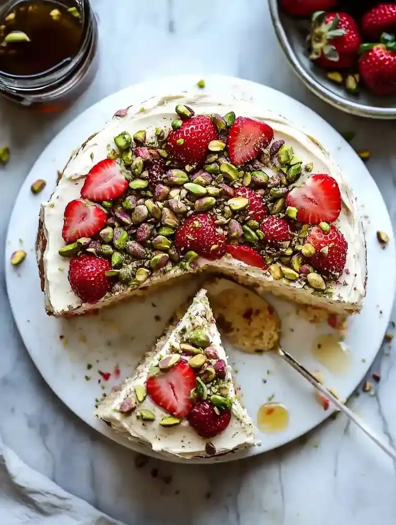 Strawberry Olive Oil Cake with Pistachios