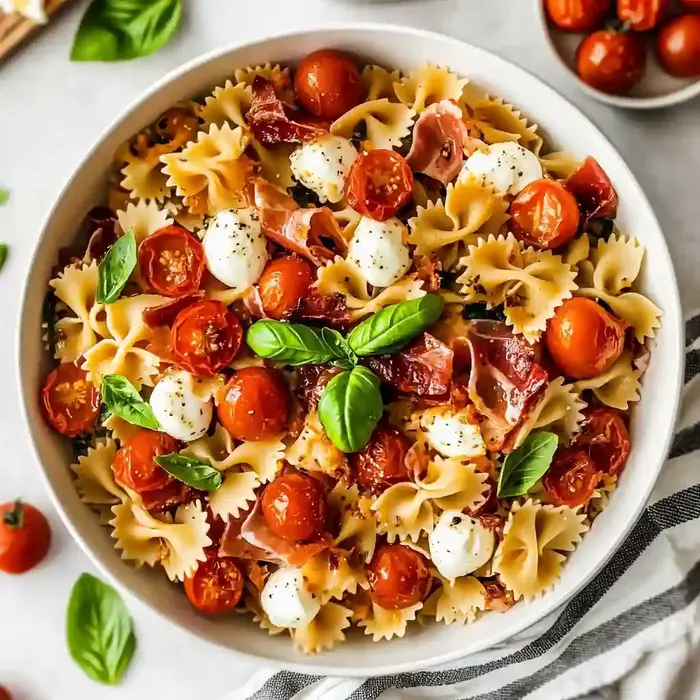 Tomato Garlic Confit Caprese Pasta Salad