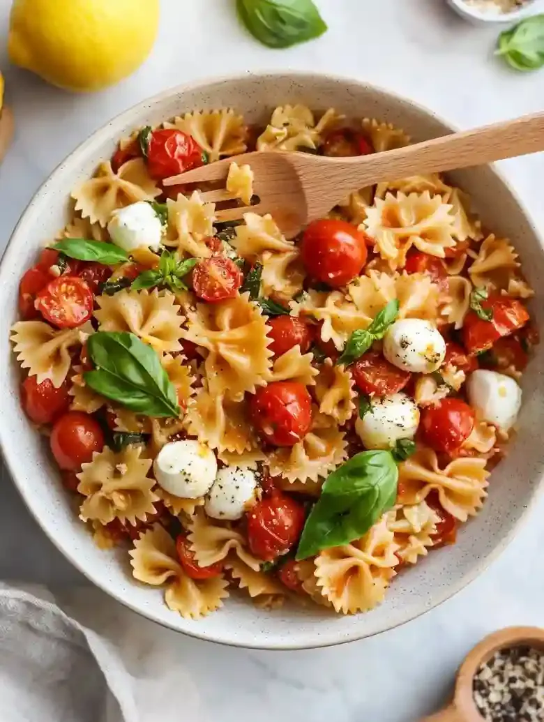 Tomato Garlic Confit Caprese Pasta Salad